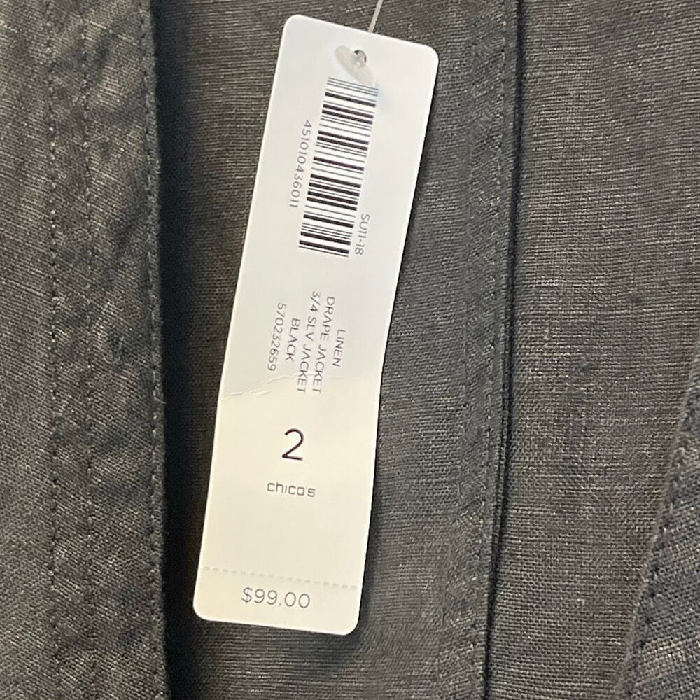NWT CHICO'S Linen Jacket Size 2/Large Black Drape Open Front 3/4 Sleeve New - Picture 8 of 15